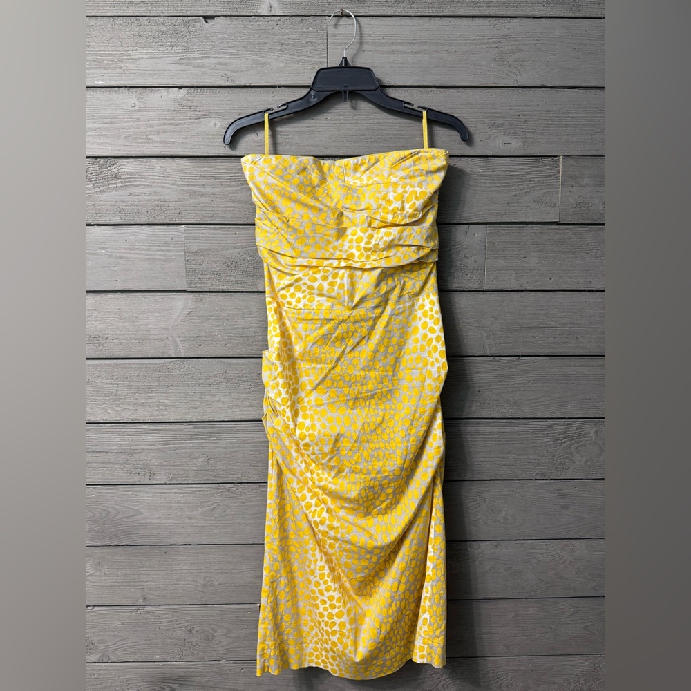 Samantha Sung Grey Yellow Watercolor Dot Strapless Bodycon Mini Dress Sz 6
